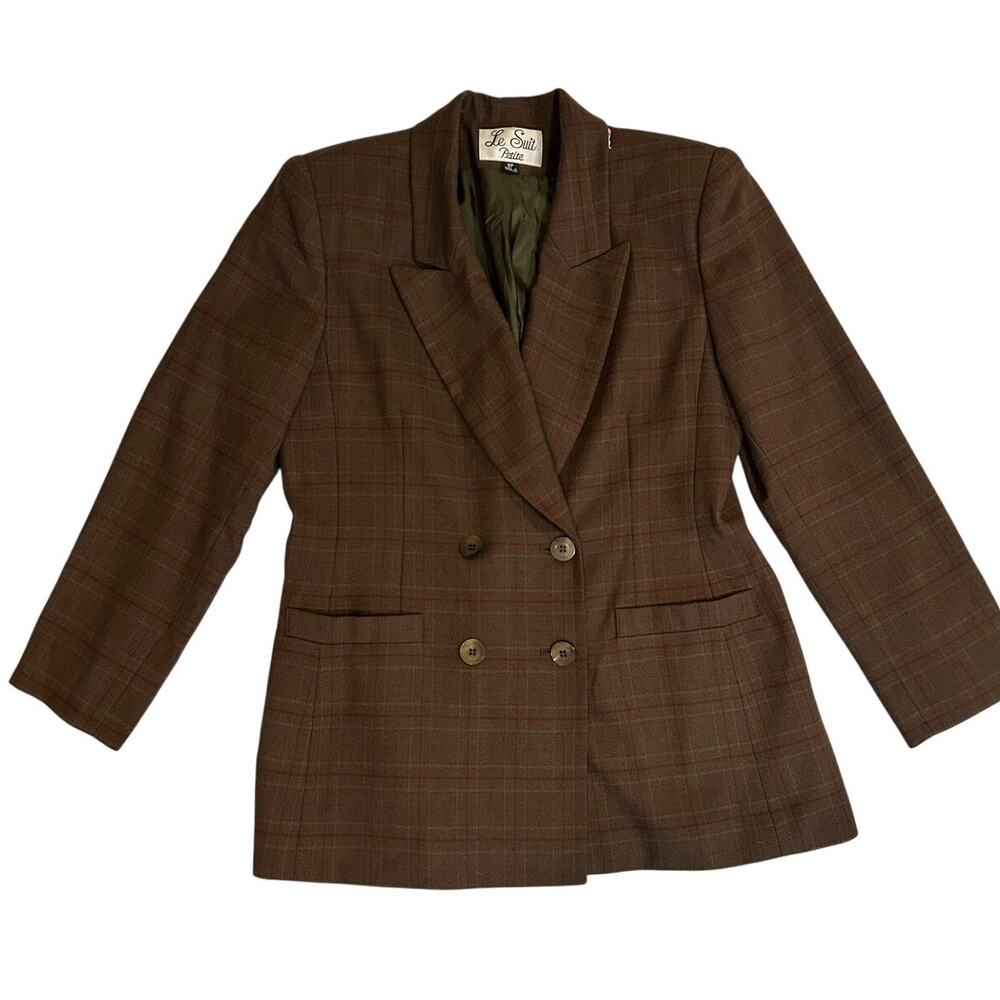 Vintage 90s Le Suit Petite Brown Plaid 3 Button Blazer Professional Jacket 8P
